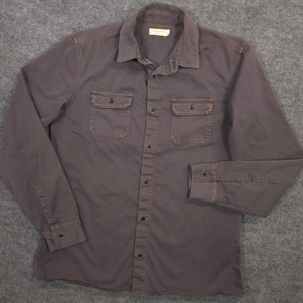AllSaints Bryant Work Shirt Mens Small Gray Garment Washed Utility Flap Pockets